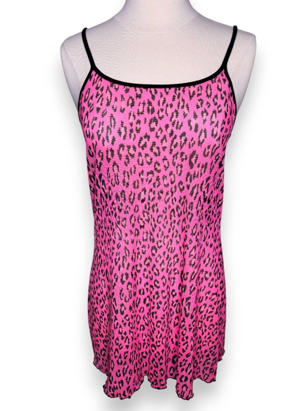 Vintage 90s Victoria's Secret Pink Leopard Print Sheer Mesh Slip Lingerie Size L